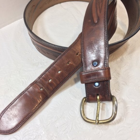 Original Larry Malan's Leegin Brown Leather Stitched Overlay Rodeo Belt Size 44 - Picture 7 of 14